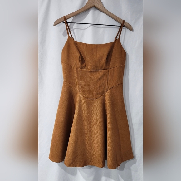 Retro Faux Suede Dress Size Medium Chestnut Strappy Mini Empire Coquette Girl - Picture 1 of 7
